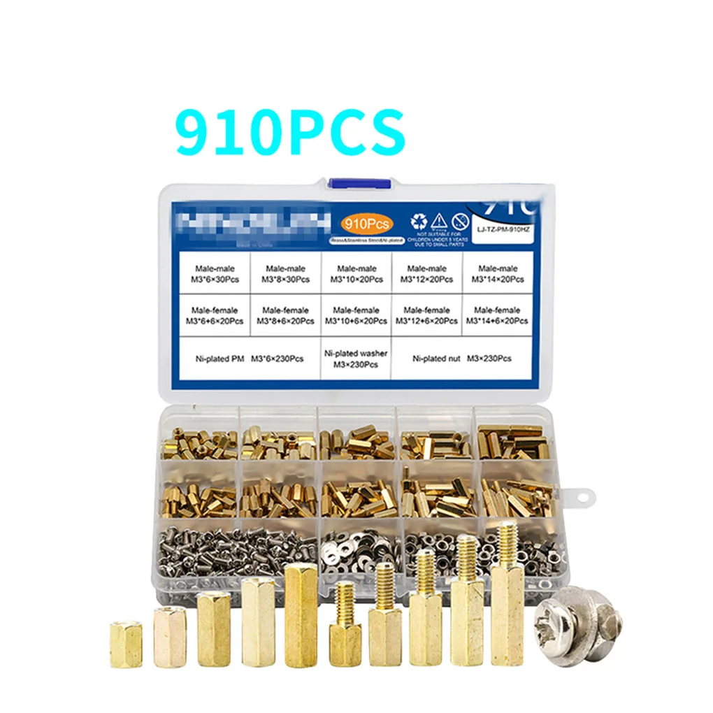

910Pcs Kit Hexagonal Pillar Male to Female Male to Male Metal Industrial Factorial Home Standoffs Spacers Spare Parts