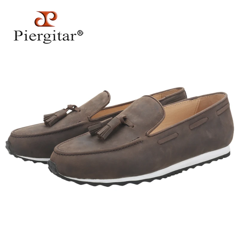 

Piergitar Imported From Italy Brown Crazy Horse Calfskin Men's Pop Shoes Handmade Tassels Slip-On Loafers Non-Slip Rubber Sole