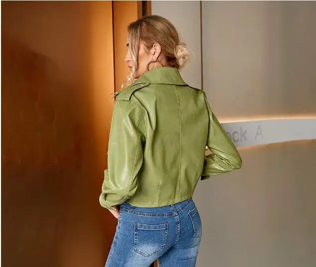 LXUNYI PU Leather Jacket  Female 2022 Autumn Women's Fashion Loose Faux Leather Turn-down Collar Epaulet Short PU Coat Green