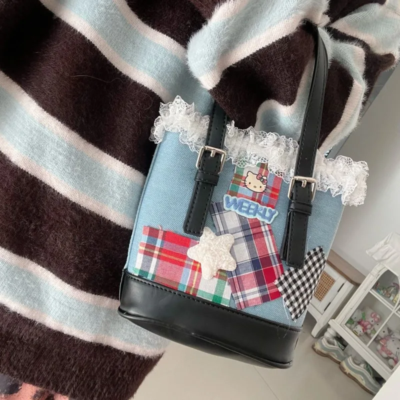 Сумка-ведро Miniso Sanrio Hellokitty Y2k ​ Кружевная лоскутная винтажная сумка с вышитыми