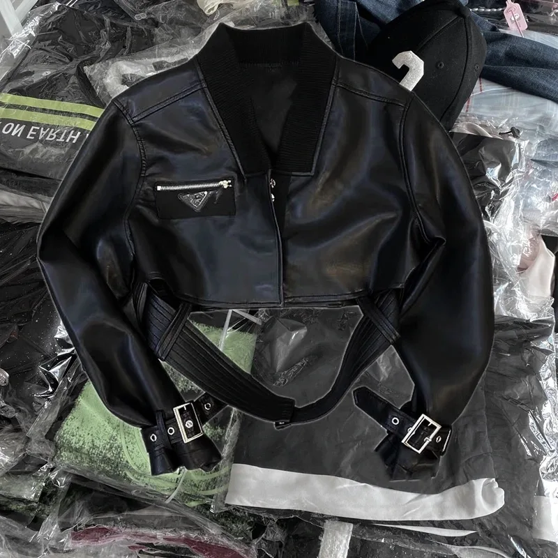 LXUNYI Autumn New Black Short PU Leather Jacket Female Oversize personality Fashion Long Sleeve Motorcycle jackets Woman Coat