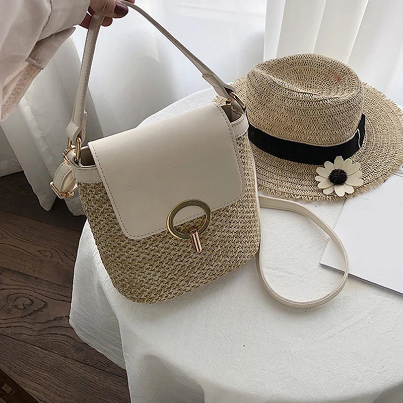 

Small Straw Bucket Bags For Women Summer Crossbody Bags Lady Travel Purses And Handbags Female Shoulder Simple Bag