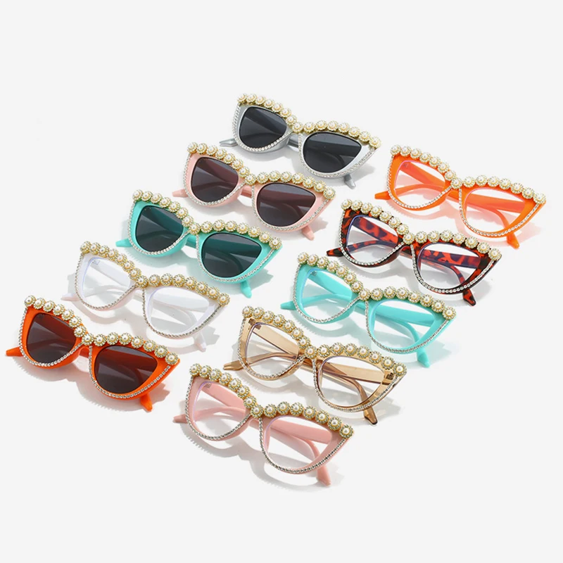 Модные винтажные солнцезащитные очки кошачий глаз с бриллиантами и жемчугом