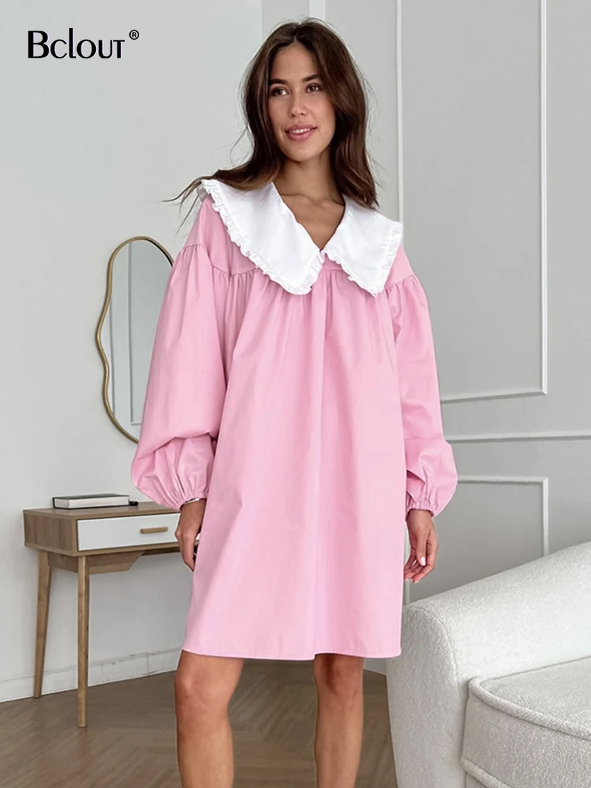 

Bclout Autumn Cotton Pink Dresses Women 2023 Fashion Peter Pan Collar Loose A-Line Dress Elegant Puff Sleeve Party Mini Dresses