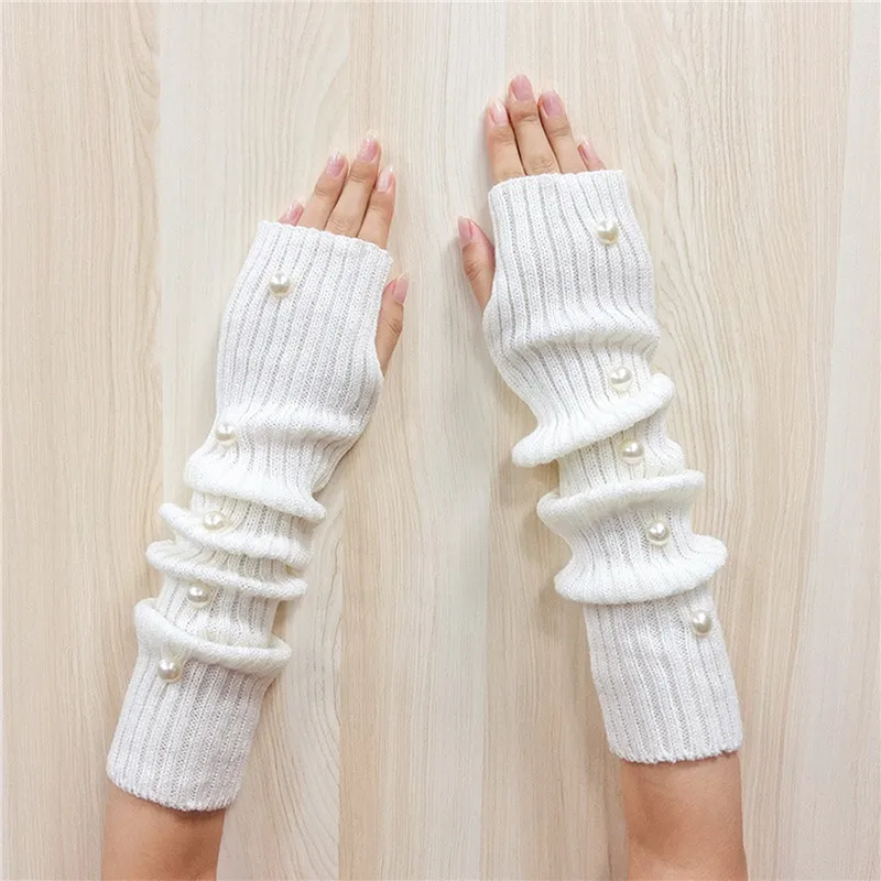 

Вязаные Рукава, длинные перчатки без пальцев, эластичные перчатки без пальцев с жемчугом, зимние рукава, уличные рукава