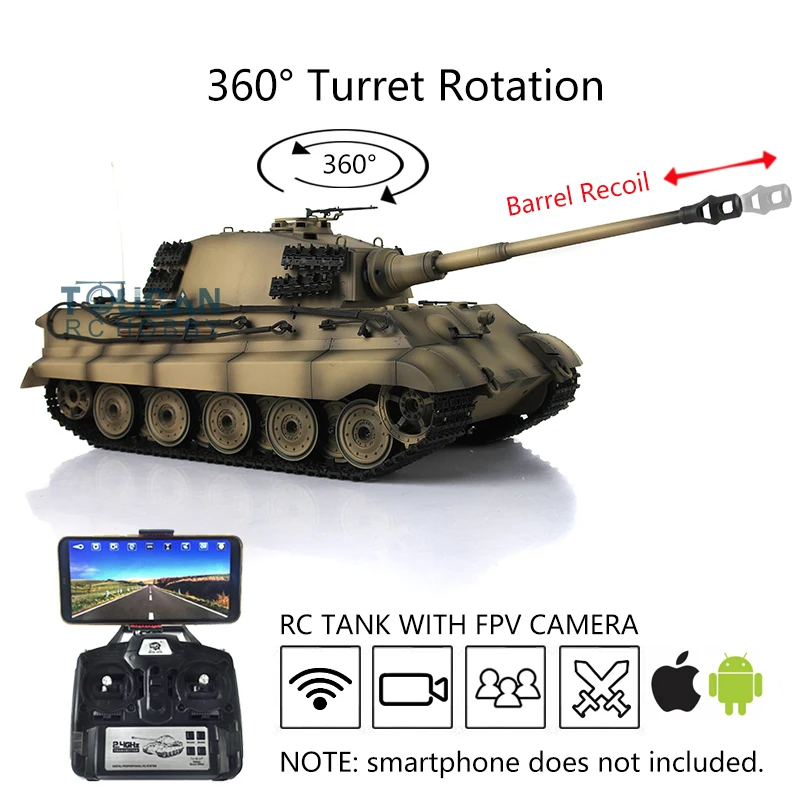 

Henglong 1/16 7.0 Upgraded Ver King Tiger RC Tank Body Recoil FPV 3888A 360° Turret Barrel Recoil Metal Tracks TH17570-SMT7