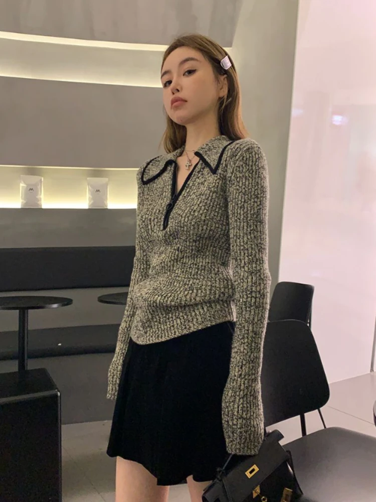 

Deeptown Vintage Gray Sweater Women Harajuku Grunge Zipper Knitted Jumper White Slim Elegant Y2K Top Korean Reviews Many Clothes