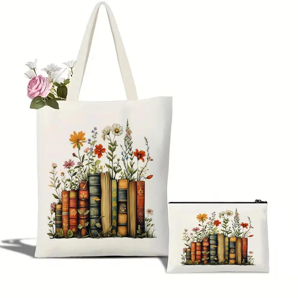Вместительная сумка для покупок в стиле Харадзюку С Цветочным и книжным узором