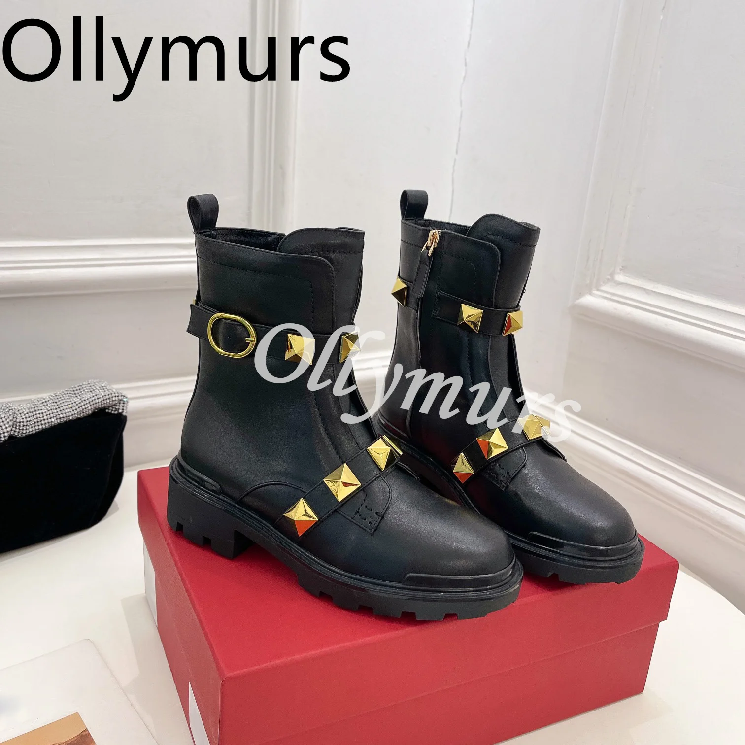 

Ladies Shoes New Arrival Real Leather Brand Designer Runway Studded Ankle Boots Winter Flats Shoes Women