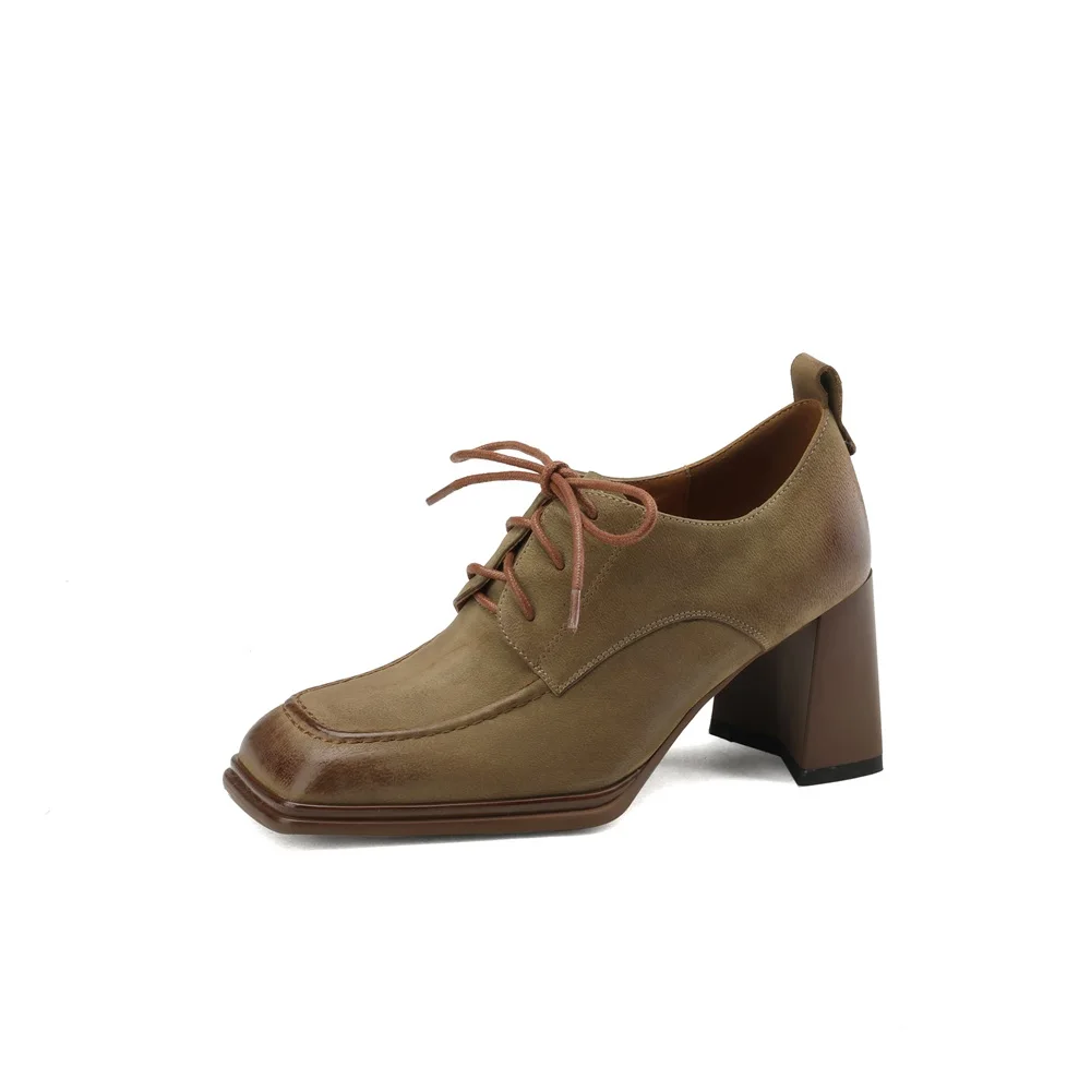 Kanseet Women Shoes 2023 New Spring Vintage Square Toe Cross-Tied Genuine Leather Pumps Handmade High Heel Lady Footwear Size 42
