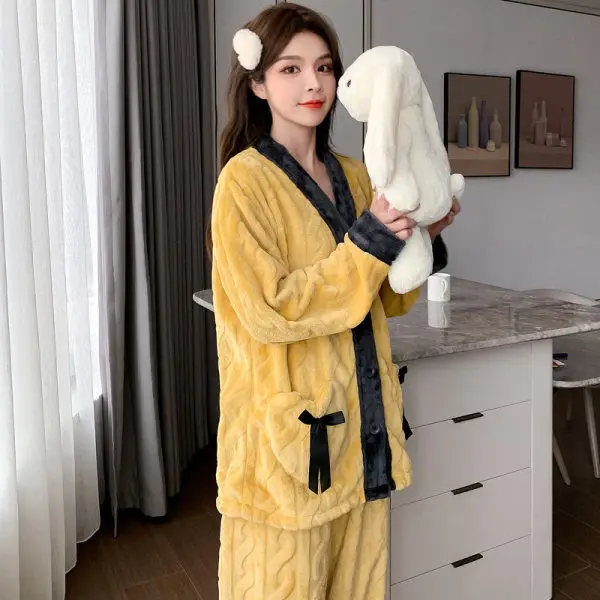 

Autumn Winter Flannel Warm Pajamas Set Women Long Sleeve Pants Home Suit V-neck Cozy Sleepwear Long Velvet Thicken Loungewear