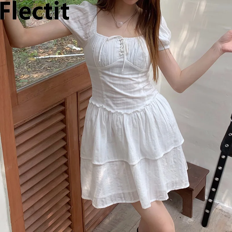 

Flectit Women's Western Dress White Tiered Short Sleeve Front Lace-up Empire Waist Mini Dress Summer Outfit