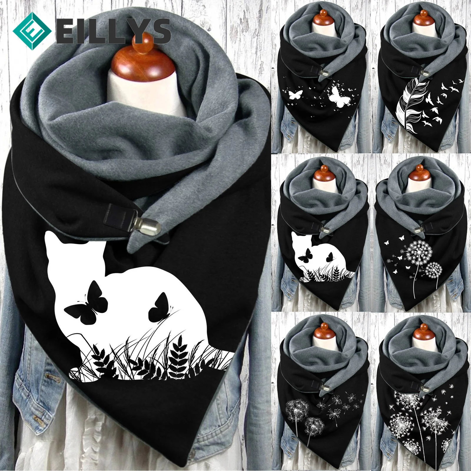 

Осенне-зимний теплый ветрозащитный шарф, шаль, Модный Женский Мягкий шарф с принтом кошки, бабочки, пуговицы, теплые шарфы, шали, Женский Пла...