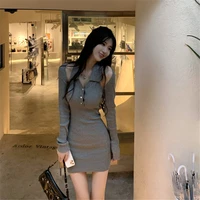 korean dresses for women 2022 summerspring long sleeve v neck elastic slim tight two piece set sexy bodycon knit dress set new