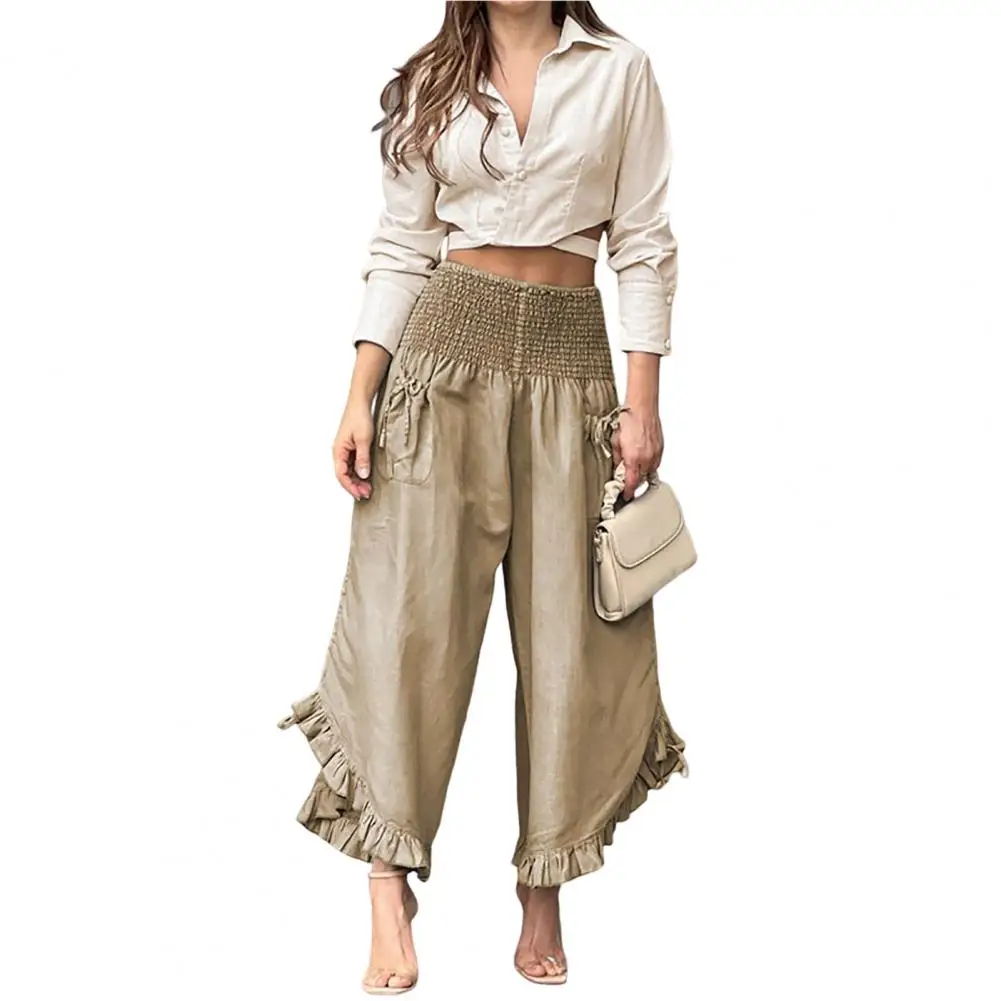 

Женский комплект из двух предметов, однобортный Топ с отложным воротником и длинным рукавом и брюки с эластичным поясом, Укороченная рубашк...