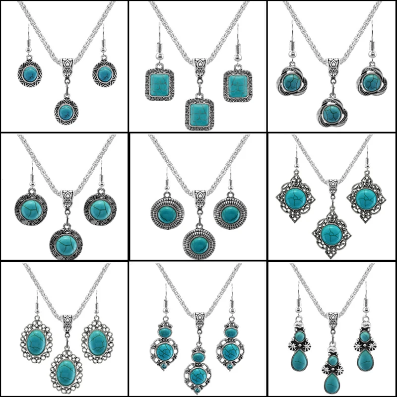 

Turquoises Jewelry Sets Round Dome Green Stone Dangle Earrings Pendant Necklace Party Women Jewellery