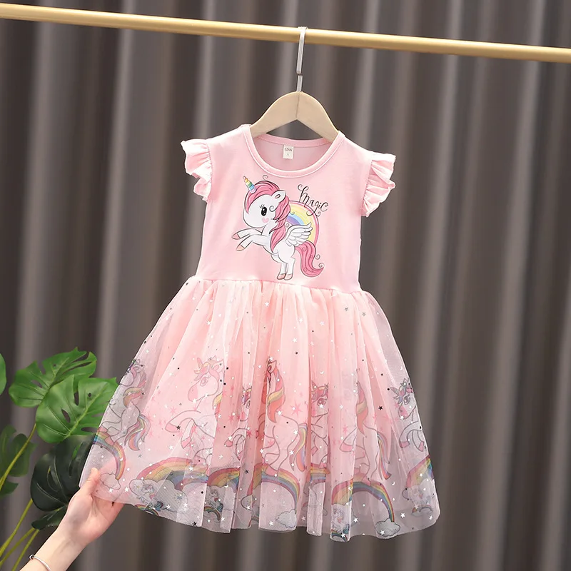 

Летняя детская одежда с новым рисунком 2022, платье принцессы из сетчатой ткани с единорогом и радужным мультяшным рисунком, красочное праздн...