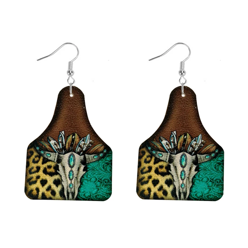 Западный Леопард бирюза корова Череп узор Longhorn ферма Бирка Серьги для женщин
