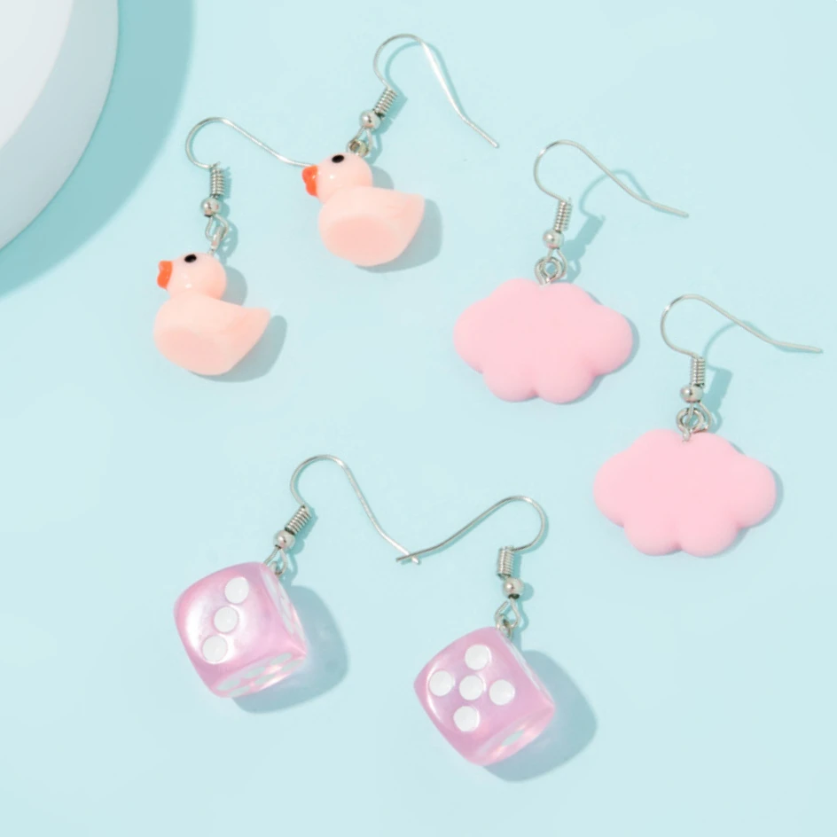 

3Pairs/set Funny Duck Small Cartoon Cloud Dice Resin Earrings for Women Girls Fashion Jewelry Party Fashion Drop Earrings