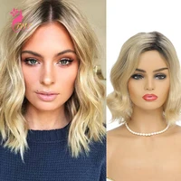 bob wavy hair short wig synthetic wigs for women shoulder length hair brown roots natural blonde synthetic full machine cosplay