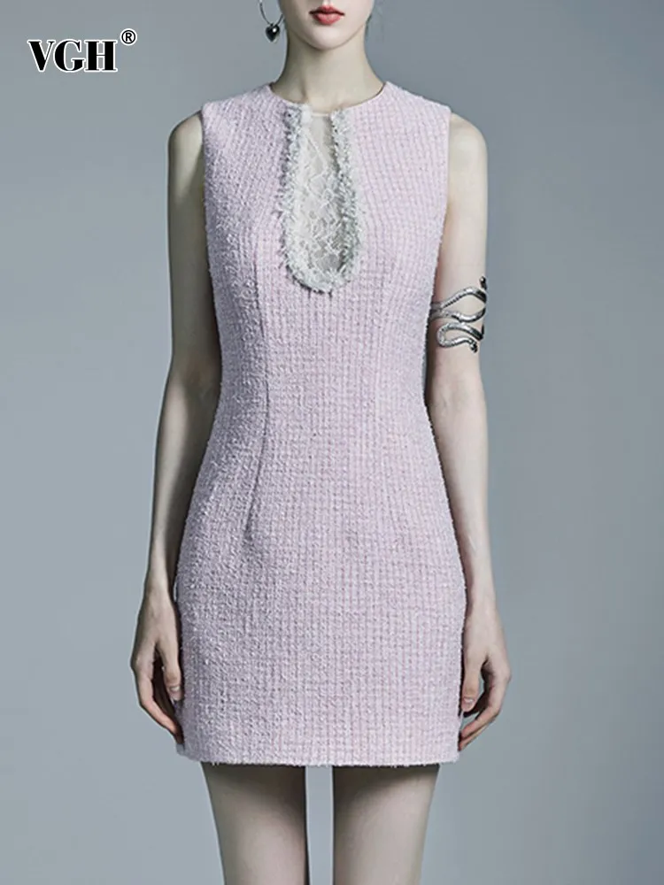 

Женское кружевное мини-платье VGH, однотонное приталенное платье в стиле пэчворк с круглым вырезом, без рукавов, с высокой талией, модная новинка