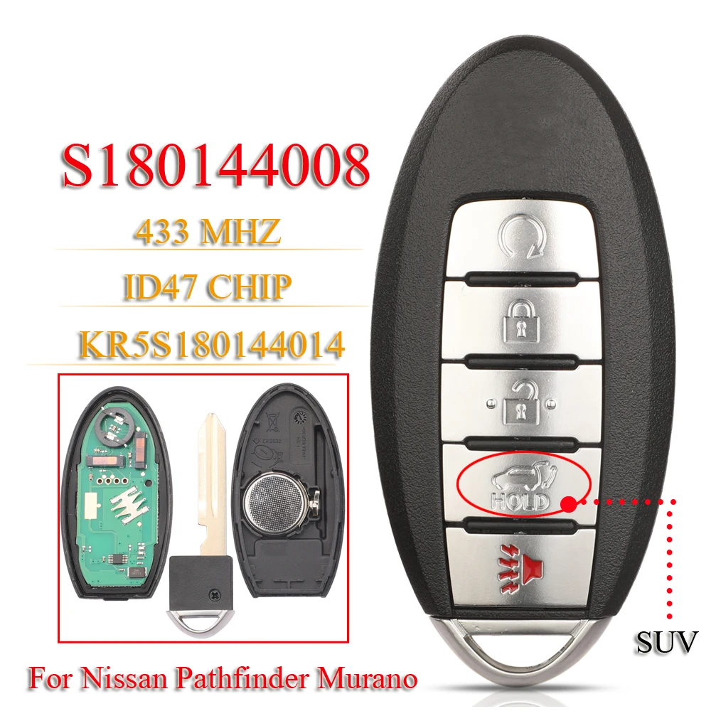 

jingyuqin S180144008 5Buttons SUV Proximity Smart Key Fob 433MHz ID47 KR5S180144014 For Nissan Murano 2013-14 Pathfinder 2013-16