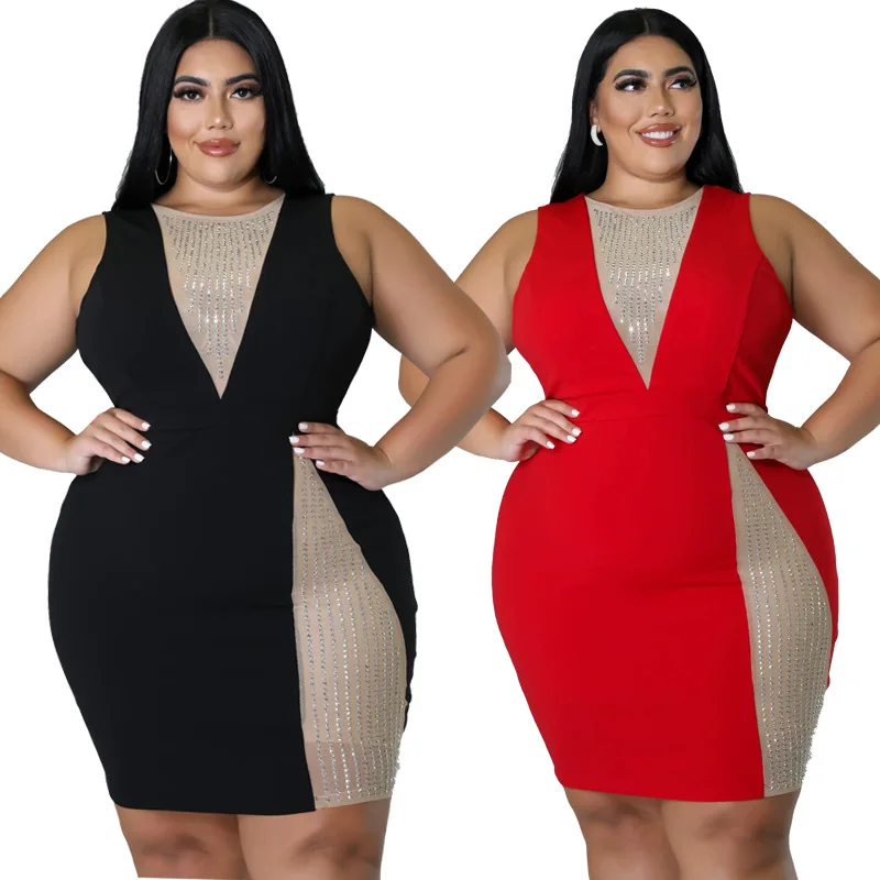 

2022 Plus Size Dress 5XL Fashion Hollow V-Neck Sexy Hot Drill Sleeveless Dresses For Women Wholesale Dropshipping