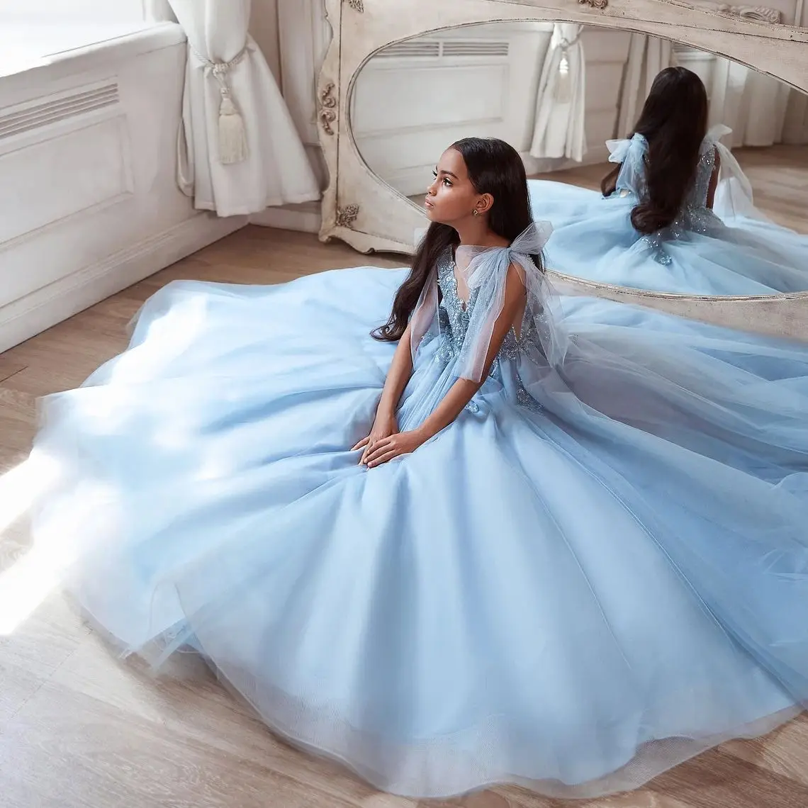 

Sky Blue Flower Girl Dresses Lace Sequin Bodice Tulle Floor Length First Communion Dress Custom Made