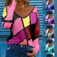 spring summer women t shirt geometric print v neck loose long sleeve blouse top for daily wear