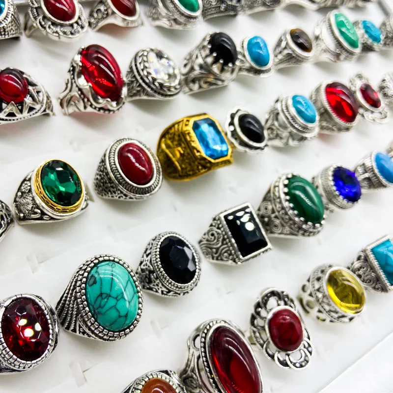 

25pcs/lot Vintage Women's Color Mix Stone Silver Charm Fashion Classic Rings Woman Retro Turquoise Ring Wholesale Jewelry