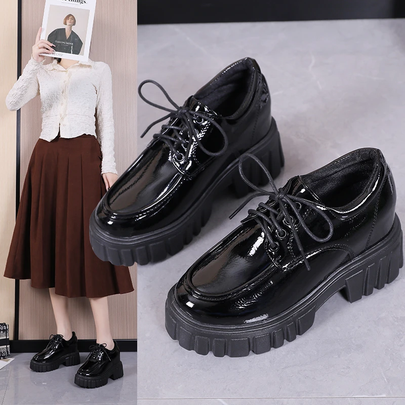 

Small Leather Shoes Women's British Style 2022 Spring and Autumn New Sponge Cake Thick Bottom Patent Leather High-heeled Shoes
