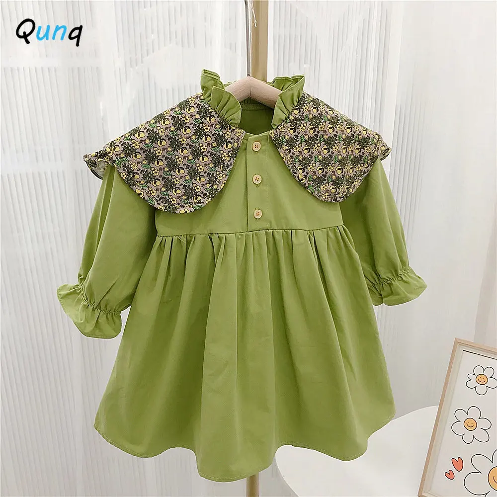 

Qunq Girls 2022 Autumn New Patchwork Floral Turn-down Collar Lantern Sleeve Lovely Princess Dress Casual Kids Clothes Age 3T-8T