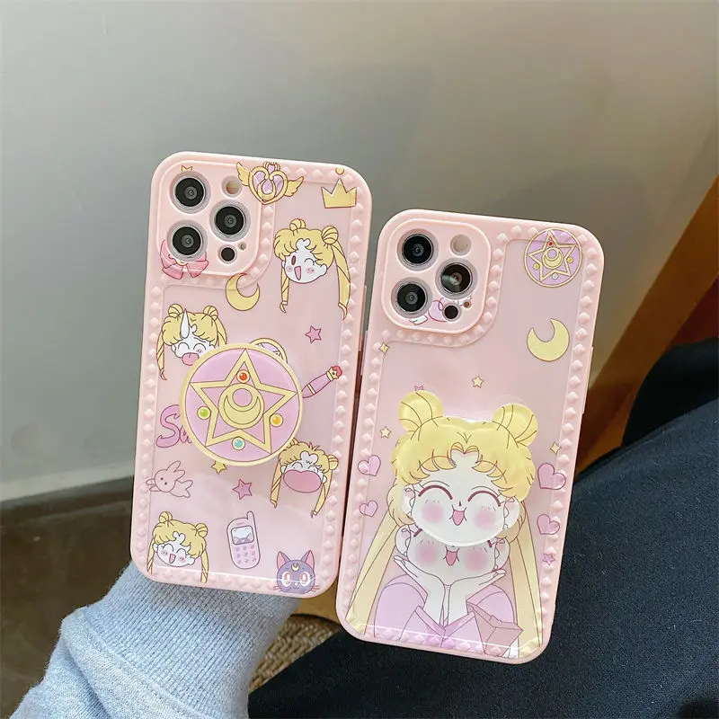 

Anime Cute Sailor Moon With holder Phone Case For Iphone 11 12 13 Pro Max Mini X Xs Xr 7 8 Plus SE 2020 Transparent Cover