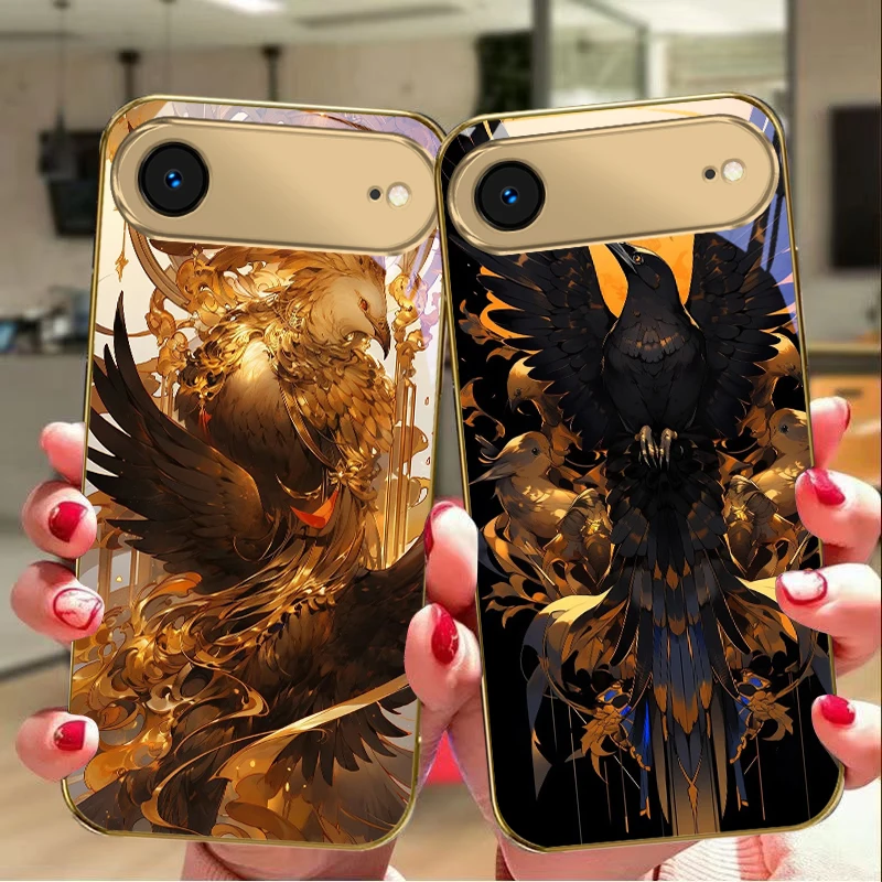 Фото Золотой чехол для телефона с изображением гигантской птицы для iPhone Air 17 Pro Max 16 15 Pro 14 13Plus 12mini 11 17Air XR 16E 17ProMax, стеклянный, золотистый №4