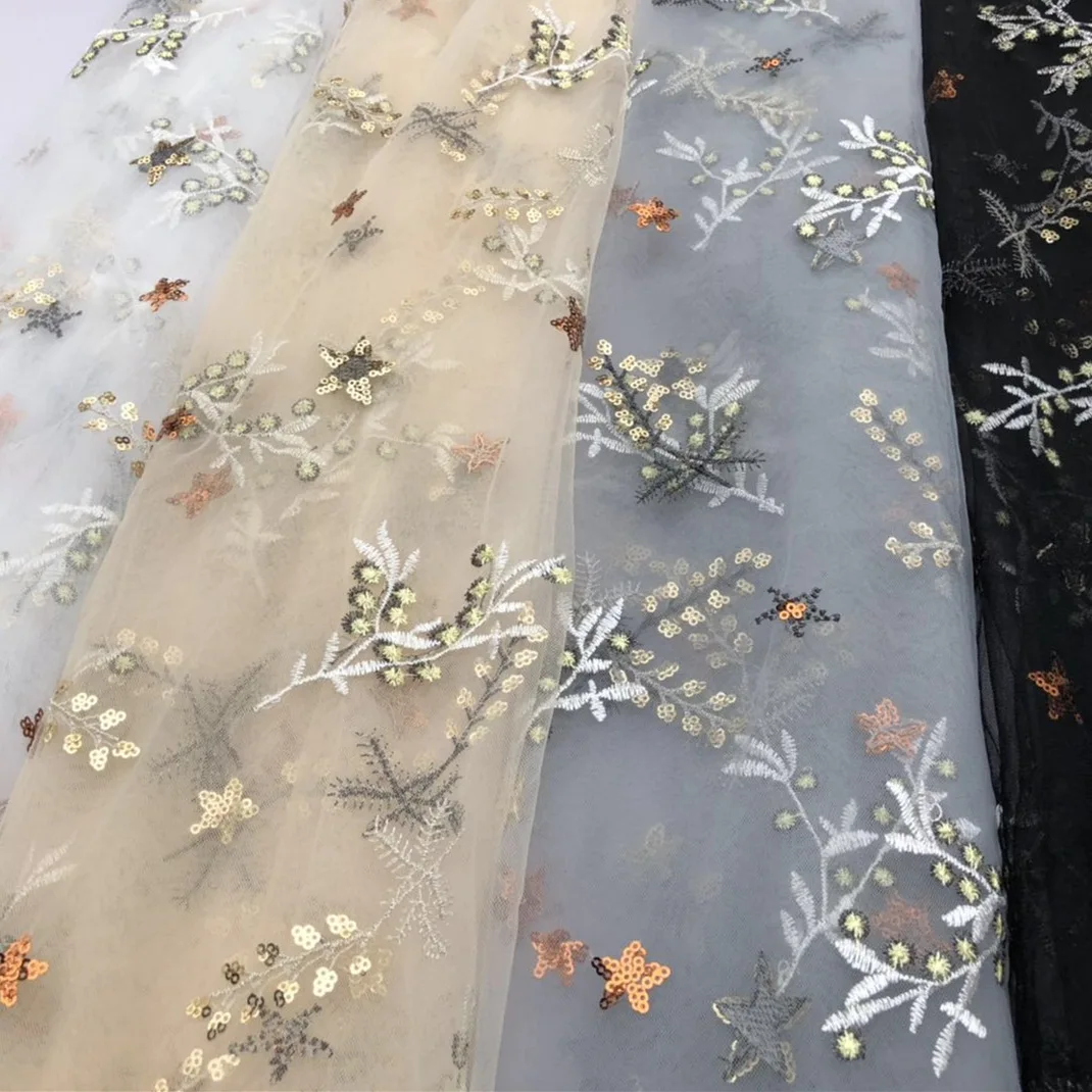 Mesh Sequin Floral Star Embroidered Lace Fabric for Dress Skirt Clothing By the Yard |
