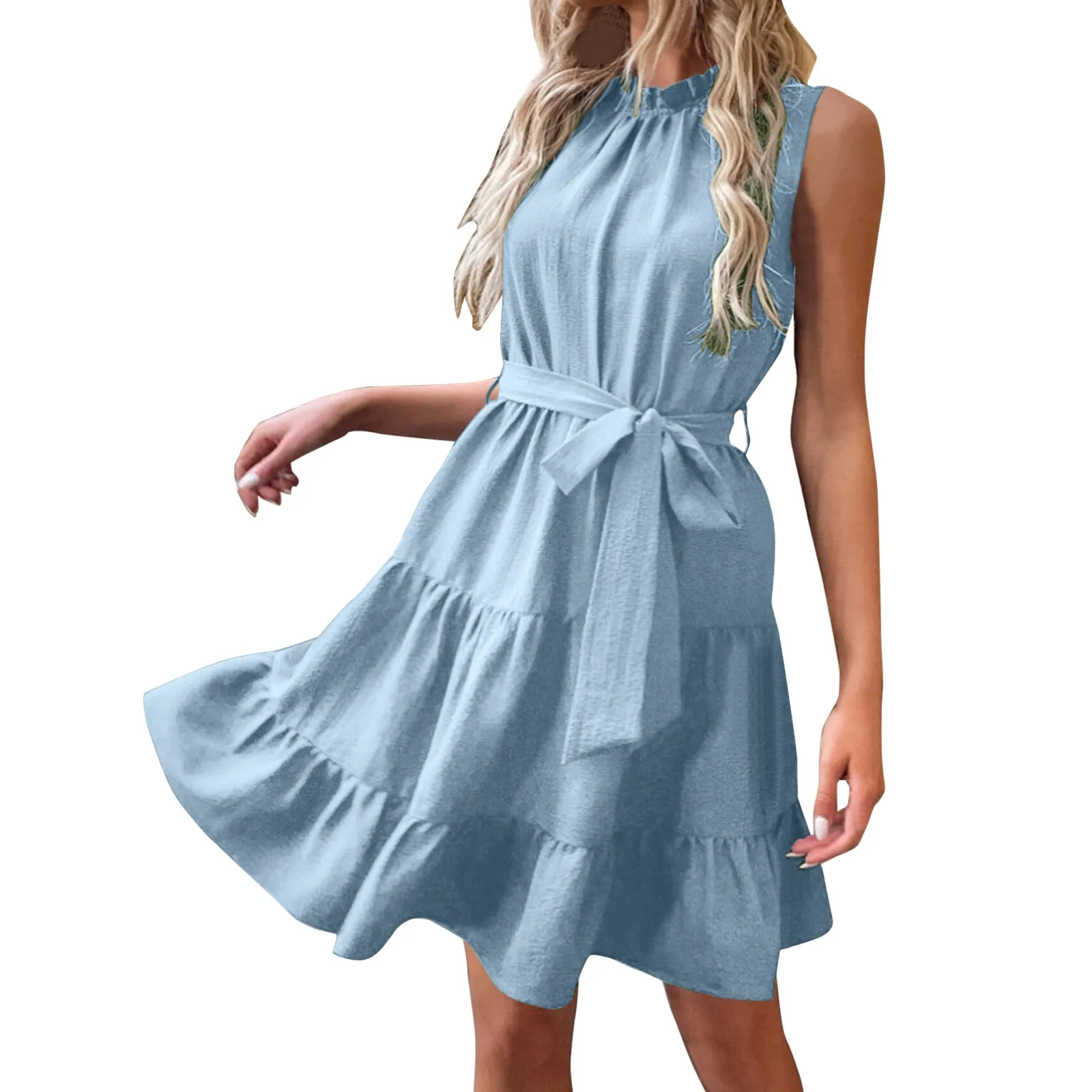 

2022 Summer Sweet Pleated Dress Women Sleeveless A-Line Sashes Dress Fashion Casual Pure Color Mini Sundress Female Beach Dress