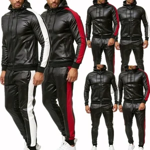 Imported New Mens Pu Leather Hoodies Set Casual Sweatsuit Hooded Jacket And Pants Jogging Suit Tracksuits
