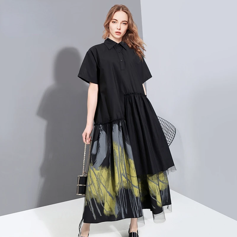 

Woman Vintage Black Long Printed Shirt Big Mesh Overlay Girls Casual Holiday Dress Robe