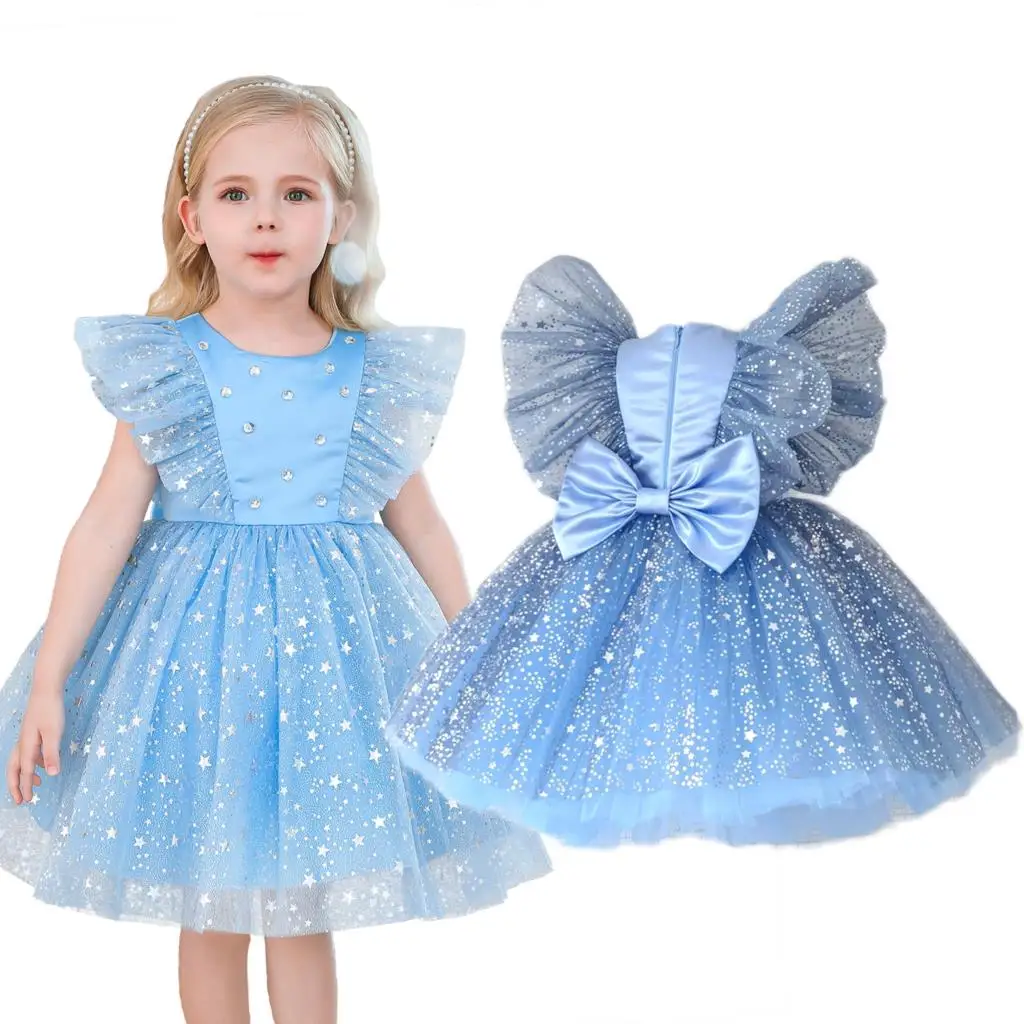 

Baby Girl Cute Bow Dress 1 2 3 4 5 Years Toddler Bling Stars Princess Party Flower Girls Wedding Gown Kids Clothes Formal Wear