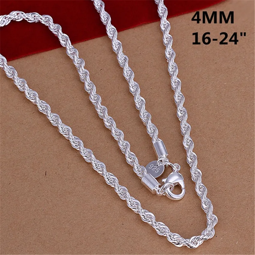 

16-24inch for women men Beautiful fashion 925 Silver Color charm 4MM Rope Chain Necklace fit pendant high quality jewelry