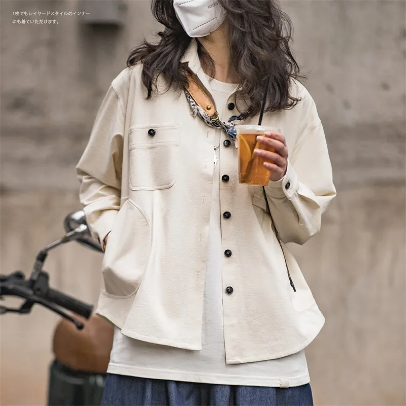 

Maden 2023 Spring New Women's Casual Pocket Shirt Jackets Vintage Long Sleeve Oversized Blouse Solid Color Loose Outwear Tops