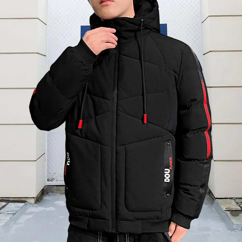 Stylish Men Hooded Jacket Slim Fit Temperament Ribbed Cuff Fluffy Filling Jacket  Thicken Men Hooded Coat for Office