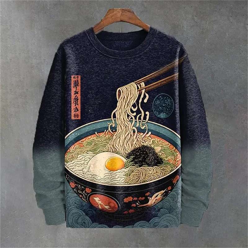Фото Japanese Ukiyo-e Pattern Sweatshirts For Men Sea Wave Ramen 3D Printed Pullover Autumn Oversized O-Neck Hoodies Long Sleeves №3