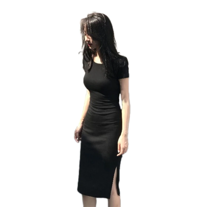 

H9ED Women Summer Short Sleeve Crewneck Bodycon Midi Long Pencil Dress Sexy Cutout Cross Backless Solid Color Side Split Slim