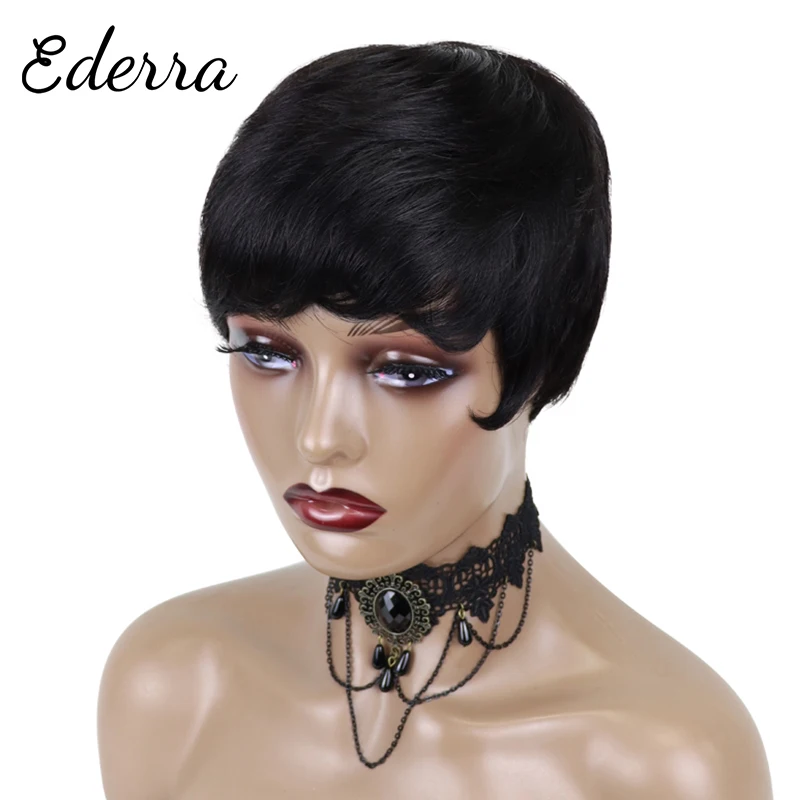 

Pixie Cut Short Bob Wigs For Black Women No Lace Front Human Hair Wig With Bang Brazilian Straight Full Machine Cheap Wigs