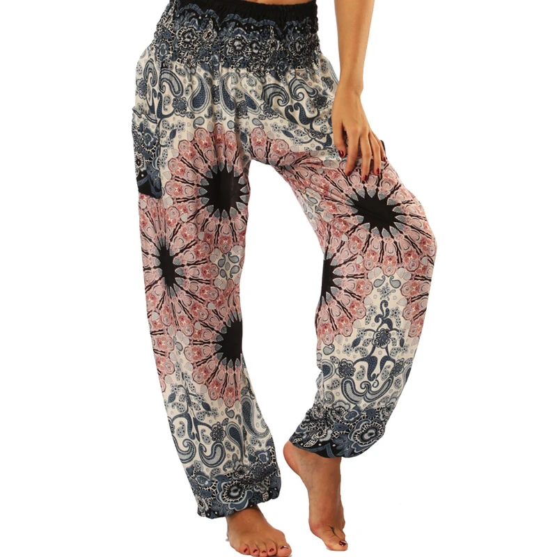 

Ethnic Indonesian Print Bloomers High Waist Pocket Yoga Pants Loose Fitness Sportswear exercise pants for women