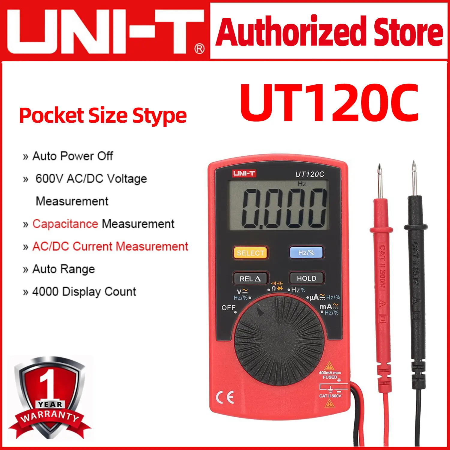 

UNI-T UT120C 600V 400mA Mini Pocket Size Digital Multimeter Tester AC DC Voltage Current Meter Capacitor Resistance Frequency