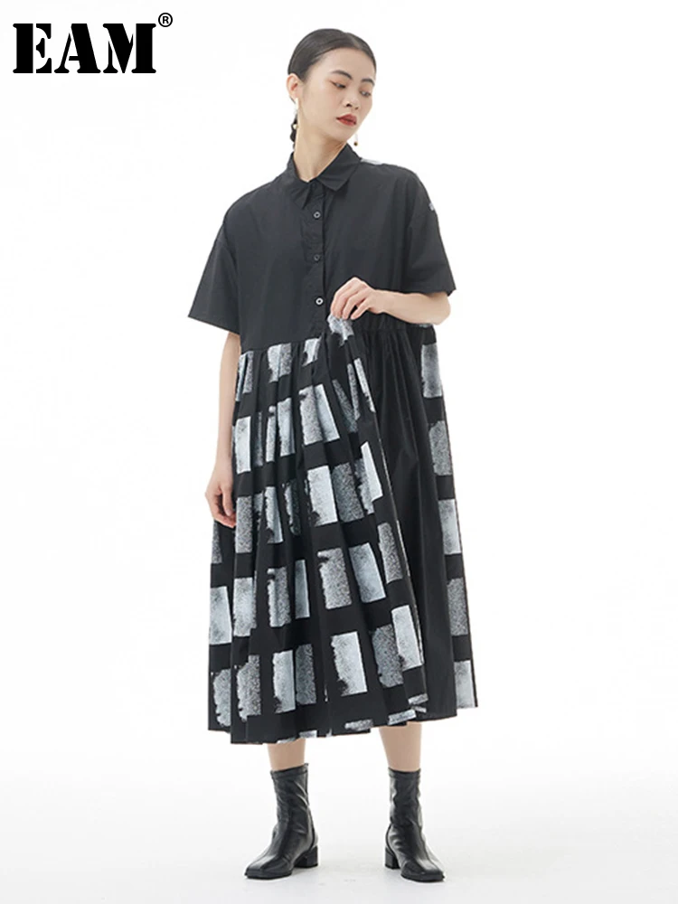 

[EAM] Women Black Pattern Printed Big Size Long Shirt Dress New Lapel Short Sleeve Loose Fit Fashion Spring Summer 2022 1DE9800