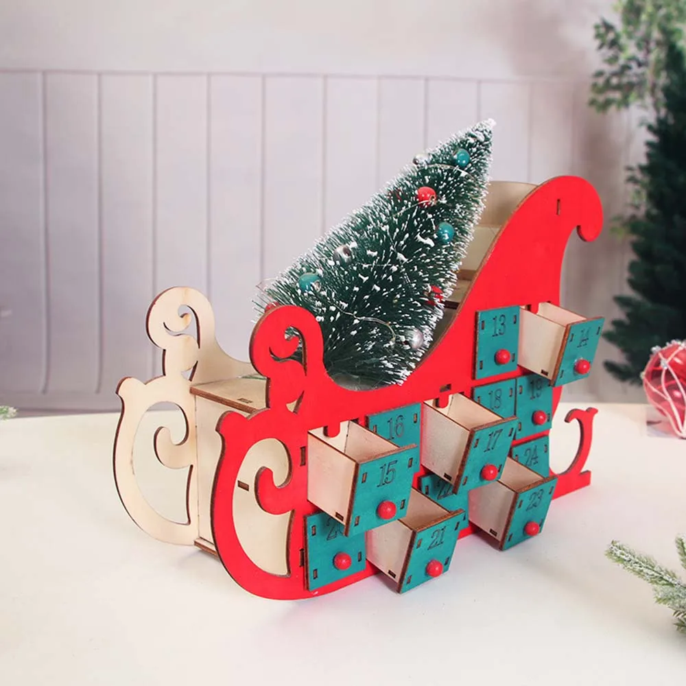 

Advent Calendar Countdown Christmas Party Decor 24 Drawers with LED Light Ornament Tree House Sleigh Wooden Countdown Calendar