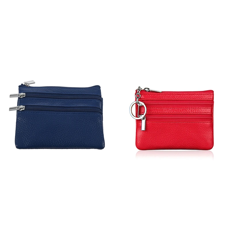 

2 Pcs Leather Change Coin Purse With 4 Pockets And Keychain For Women, Red & Blue
